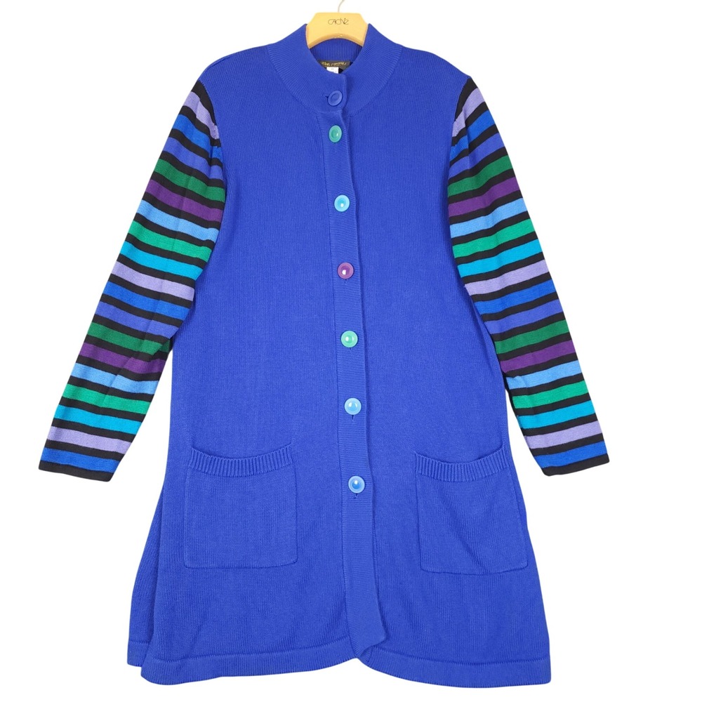 Bob Mackie Wearable Art Blue Knit Cardigan Sweater Jacket Multi Stripe Sleeve M